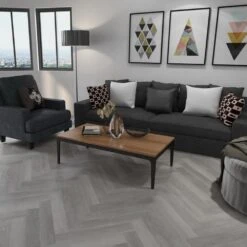 Best Flooring Store 7 Liberty Floors Light Grey Oak - Herringbone SPC 5.5mm Rigid Core Vinyl Flooring (219444)